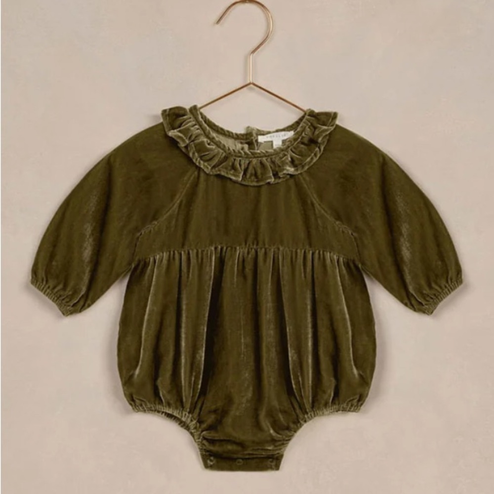 Rylee & Cru Noralee Adeline Ruffle Romper with Bow Velvet in Pine Green 12m